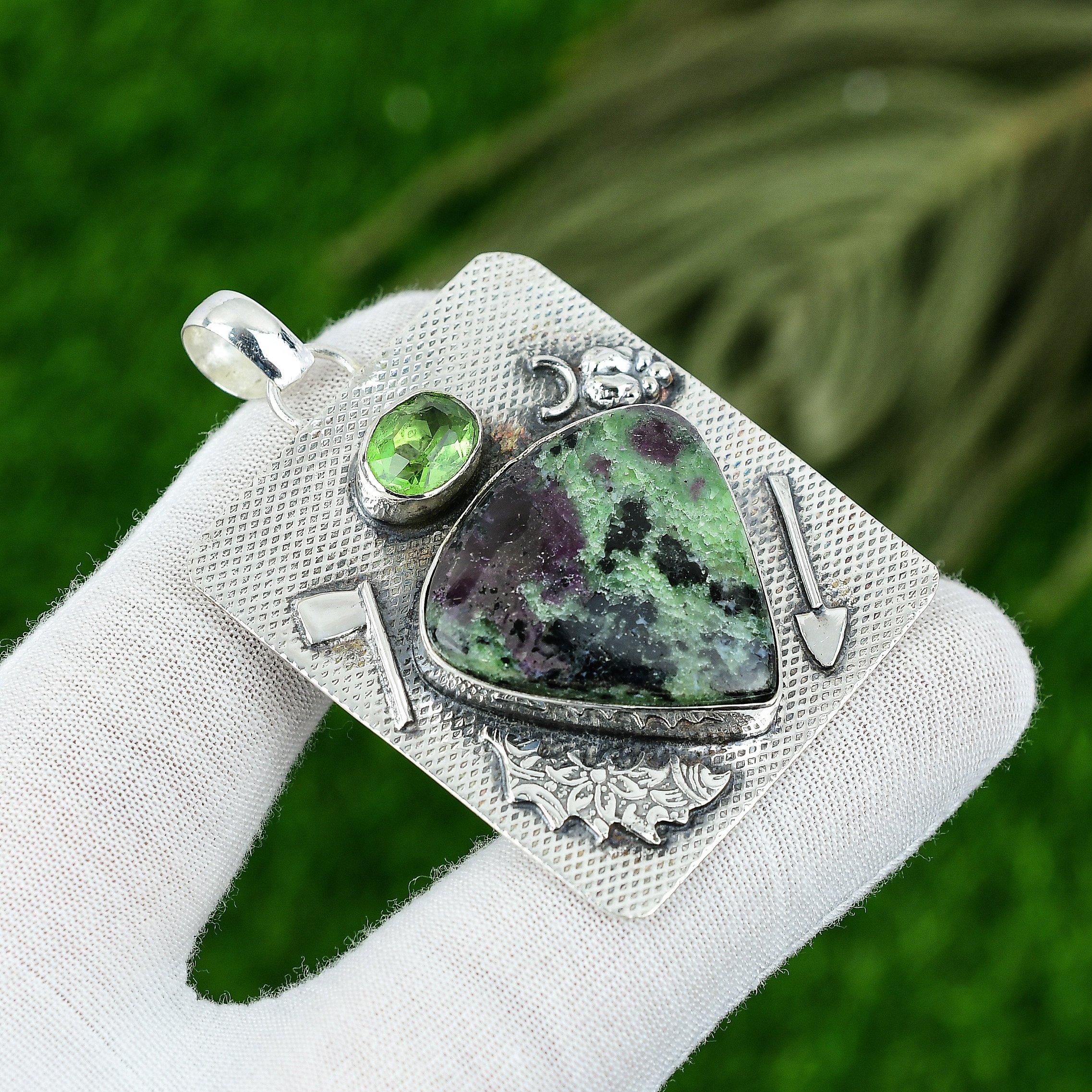 Подарок на день рождения для нее Подвеска с натуральным рубином и цоизитом из стерлингового серебра 925 пробы