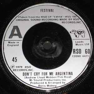 7inch Record FESTIVAL - Don t Cry For Me Argentina RSO60 RSO 1979 UK Soul/Funk Used
7inch Record FESTIVAL - Don t Cry For Me Argentina RSO60 RSO 1979 UK Soul/Funk Used