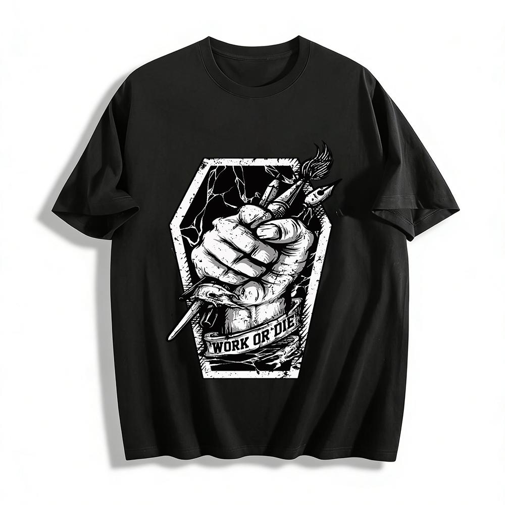 Work Or Die Graphic Tee Coffin & Fist Print Edgy Worker Top Pure cotton T-shirt XXS
Work Or Die Graphic Tee Coffin & Fist Print Edgy Worker Top Pure cotton T-shirt XXS