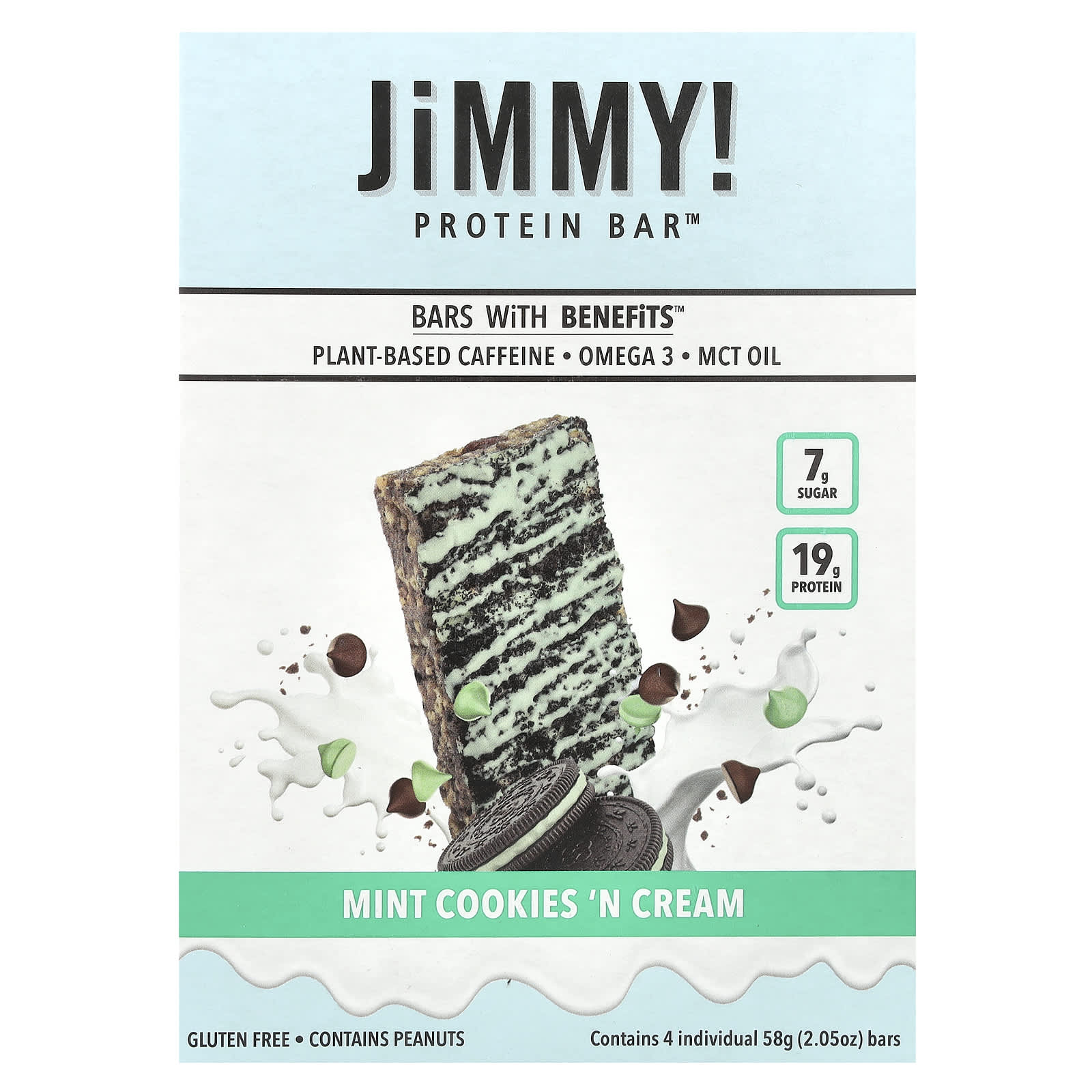 JiMMY!, Infused Bar, Protein Bar, Mint Cookies N Cream, 4 individual bars, 58 g (2.05 oz) each
JiMMY!, Infused Bar, Protein Bar, Mint Cookies N Cream, 4 individual bars, 58 g (2.05 oz) each