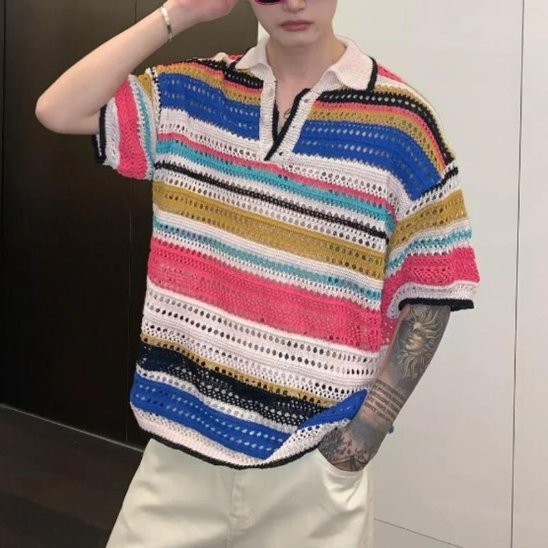 Men Summer Fashion Vintage Rainbow Striped Hollow Polo Collar Knitted T Shirt Casual Streetwear Short Sleeve Loose Pullover Tops L чорний
Men Summer Fashion Vintage Rainbow Striped Hollow Polo Collar Knitted T Shirt Casual Streetwear Short Sleeve Loose Pullover Tops L чорний