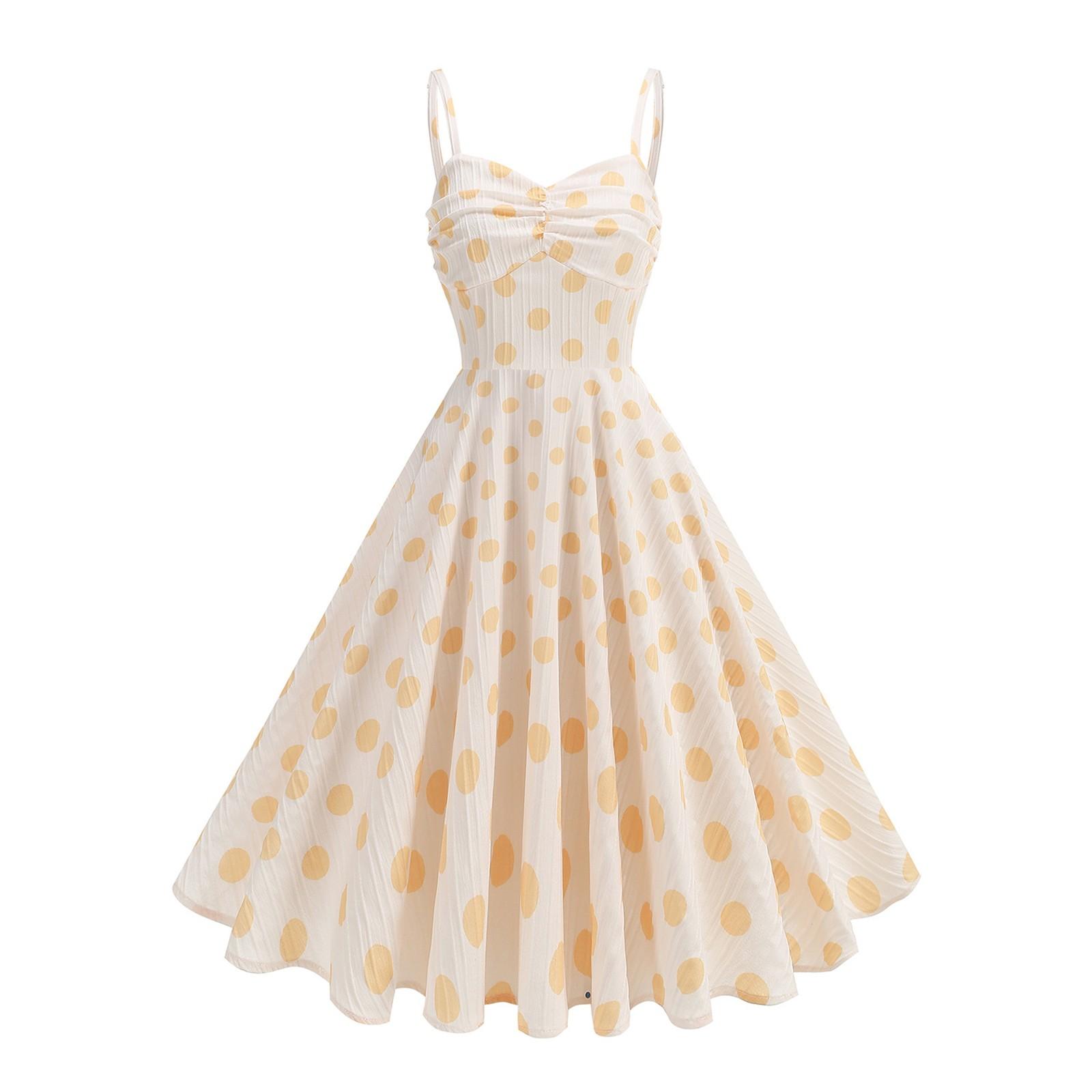 Женское Ретро Свежее Отпускное Платье на Бретелях в Горошек с Открытым Плечом, с Завышенной Талией, Средней Длины XXL жёлтый