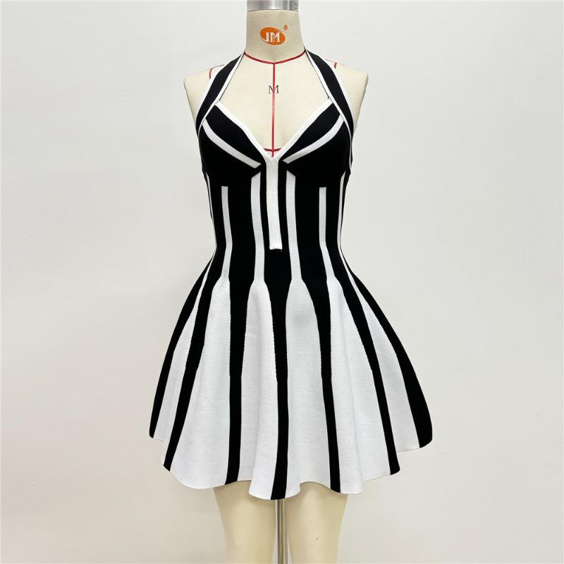 Платье-бандаж темперамент светской львицы сексуальное черно-белое контрастное в полоску с открытой спиной халтер для ужина XL чёрный