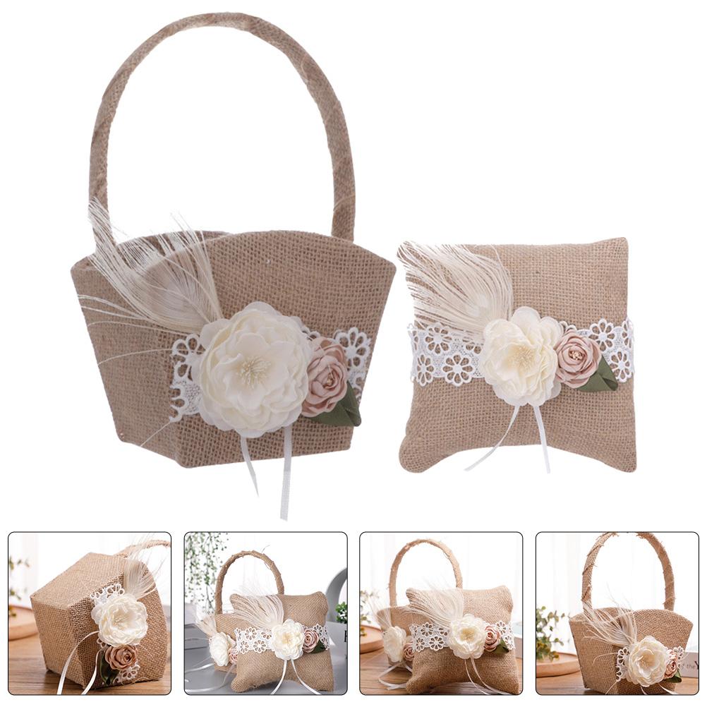 Подушка для колец, корзина для цветов, набор, держатель для девочки, декоративные кольца для подушки-носителя 14x10x23cm кофейный