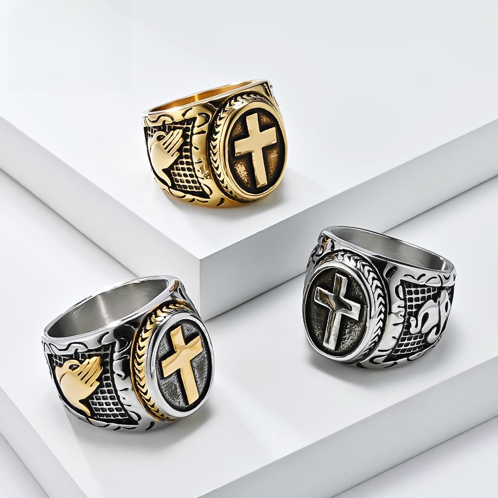 European and American Art Retro Prayer Hand Cross Titanium Steel Ring for Men Hot Selling and Explosive Item 13#
European and American Art Retro Prayer Hand Cross Titanium Steel Ring for Men Hot Selling and Explosive Item 13#