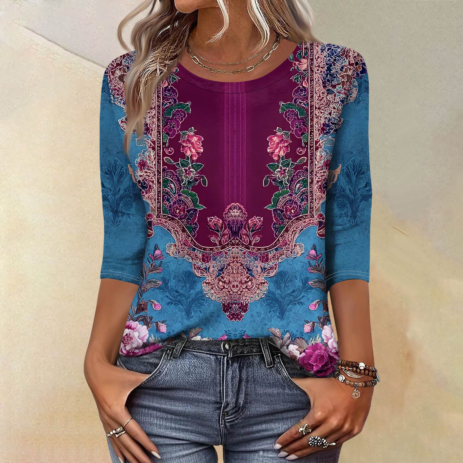 Трендовий вінтажний топ з рукавом 3/4 для жінок, жіноча повсякденна блузка-футболка з круглим коміром та принтом, рукав три чверті XXL
Трендовий вінтажний топ з рукавом 3/4 для жінок, жіноча повсякденна блузка-футболка з круглим коміром та принтом, рукав три чверті XXL