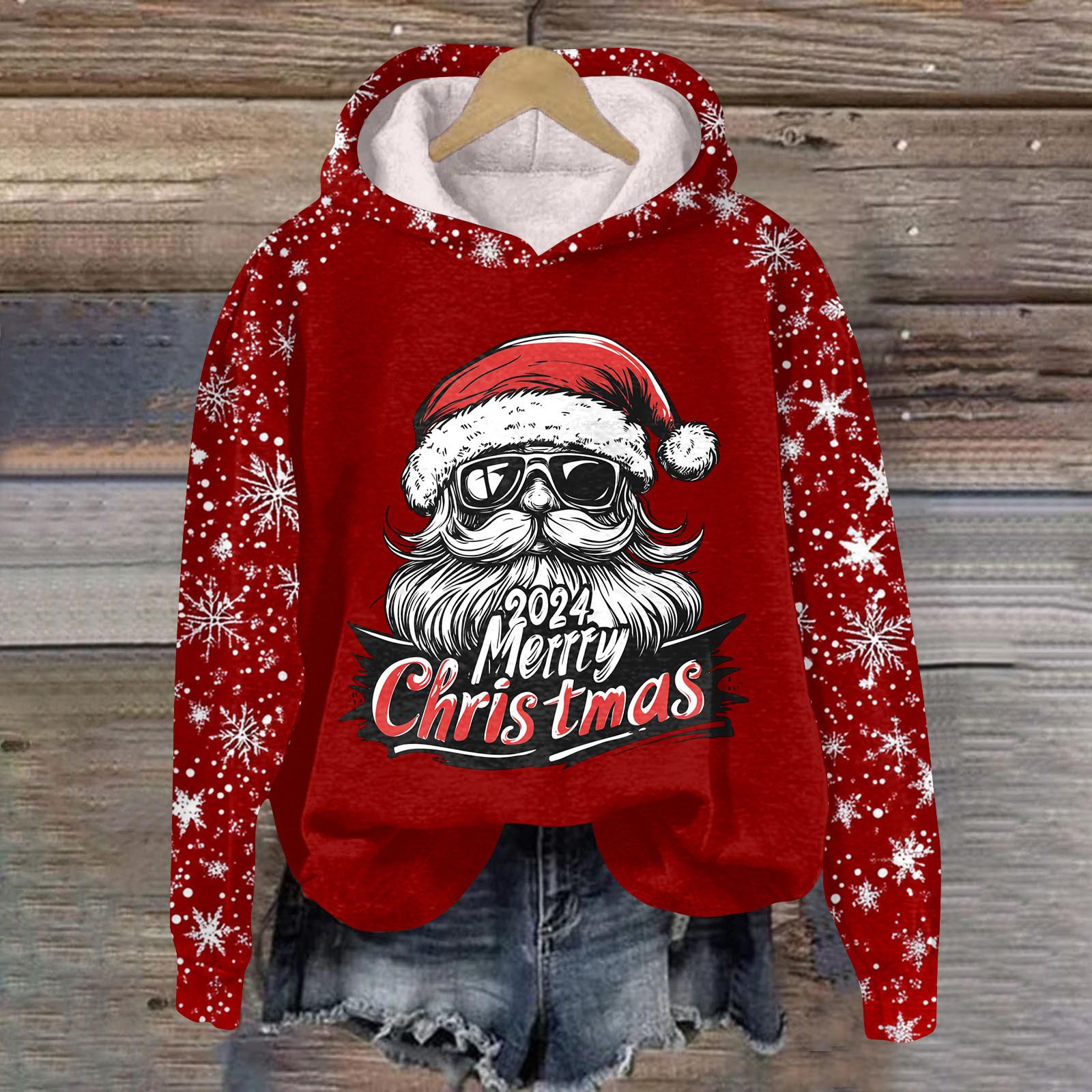 Женская мода повседневный пуловер с рукавами-заглушками и рождественским принтом с капюшоном L красный