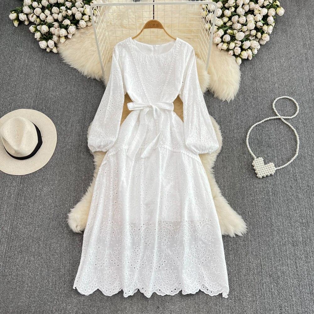 Ретро дворец темперамент круглый вырез талии показать тонкий крючок цветок полый слово кружевное платье элегантная большая юбка One Size белый