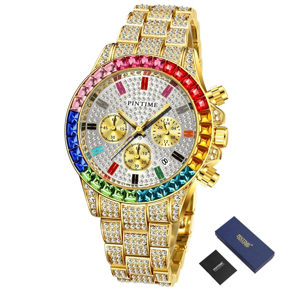 PINTIME Элитный бренд Мужские часы Алмазный хронограф Iced Out Часы Мужские золотые часы из нержавеющей стали Хип-хоп Relogio Masculino
PINTIME Элитный бренд Мужские часы Алмазный хронограф Iced Out Часы Мужские золотые часы из нержавеющей стали Хип-хоп Relogio Masculino