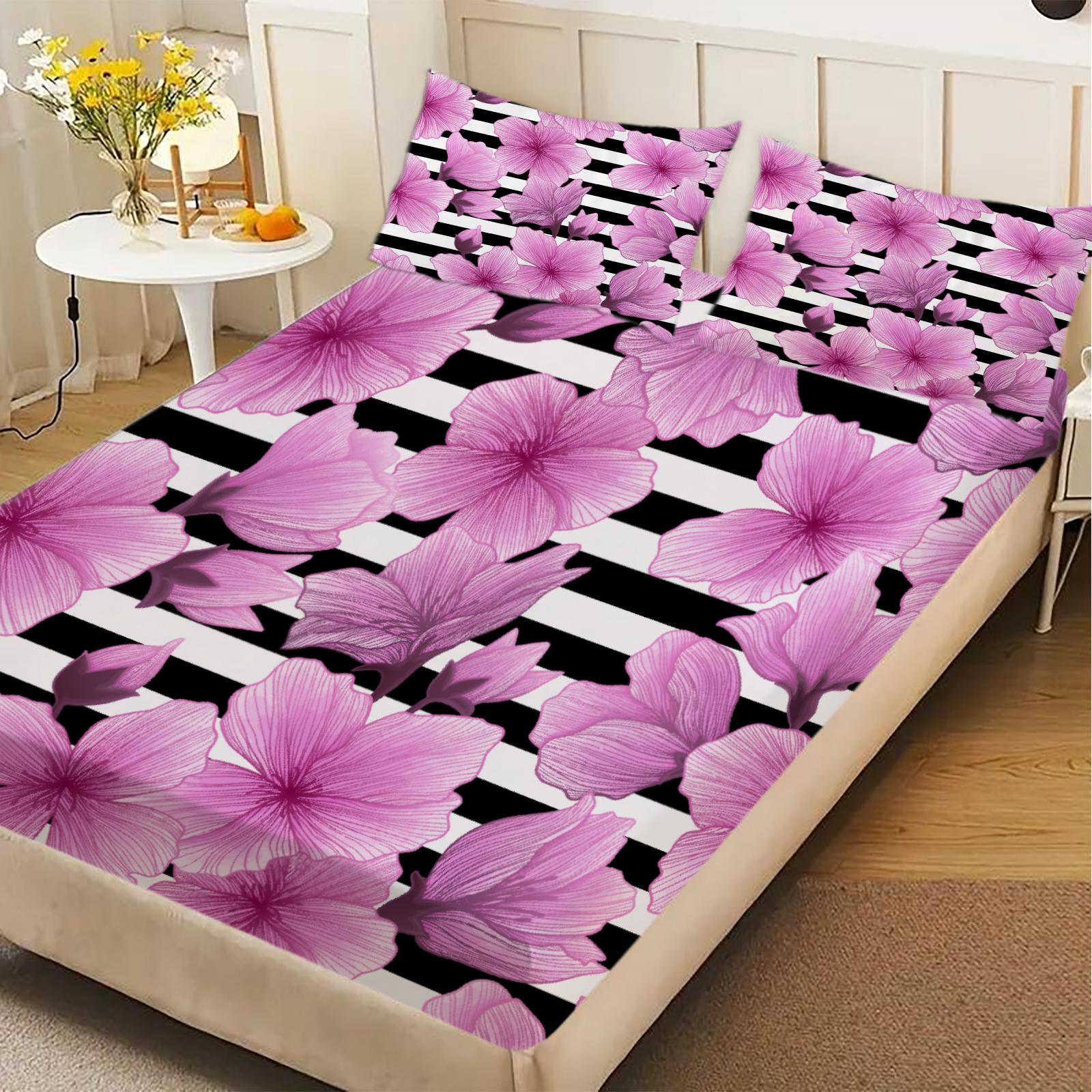 3pcs Fitted Sheet Set Pink Roses On Black And White Stripes Bed Sheet With Pillowcases For Bedroom Decor 150x200x25cm
3pcs Fitted Sheet Set Pink Roses On Black And White Stripes Bed Sheet With Pillowcases For Bedroom Decor 150x200x25cm