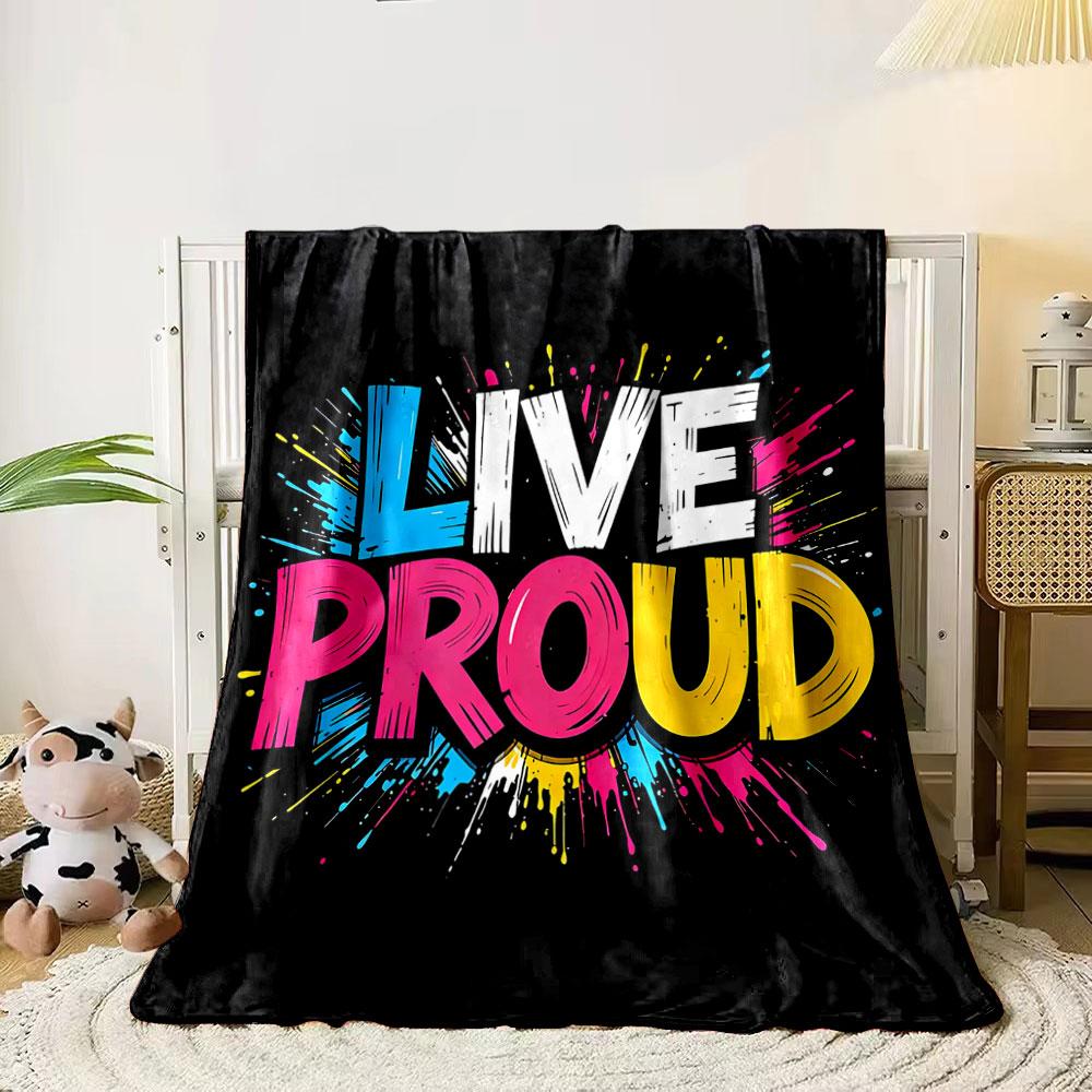 Bold text LIVE PROUD with colorful splatter effects on a black background. for all seasons blanket lunch break throw gift 80cm x 120cm
Bold text LIVE PROUD with colorful splatter effects on a black background. for all seasons blanket lunch break throw gift 80cm x 120cm
