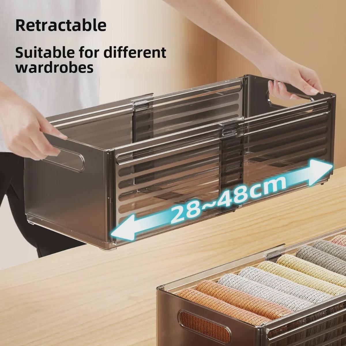 Retractable Wardrobe Organizer: Built-in Partition Box for Socks, Underwear, and Clothing Storage.
Retractable Wardrobe Organizer: Built-in Partition Box for Socks, Underwear, and Clothing Storage.