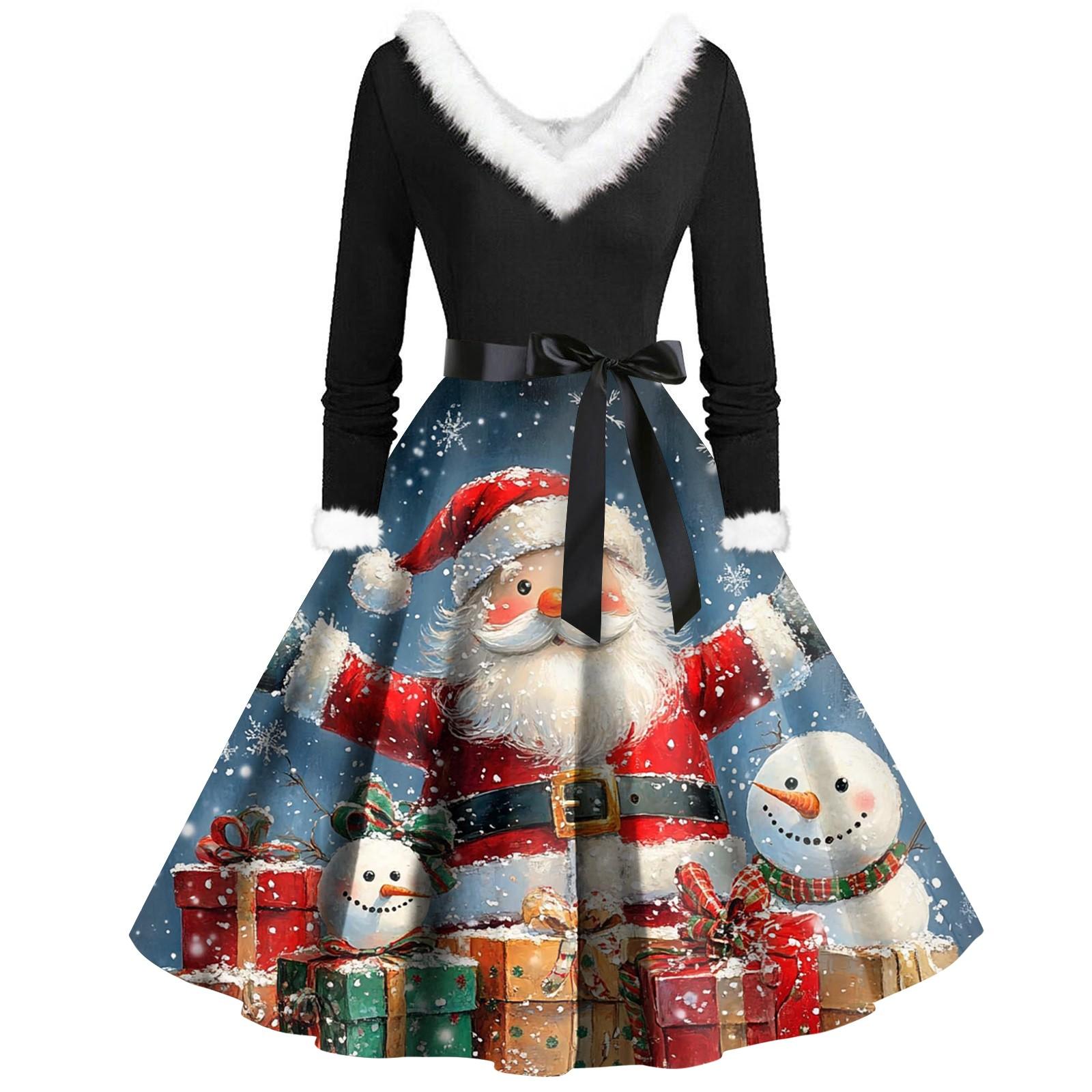 Женские повседневные модные плюшевые платья с V-образным вырезом и рождественским принтом XL
