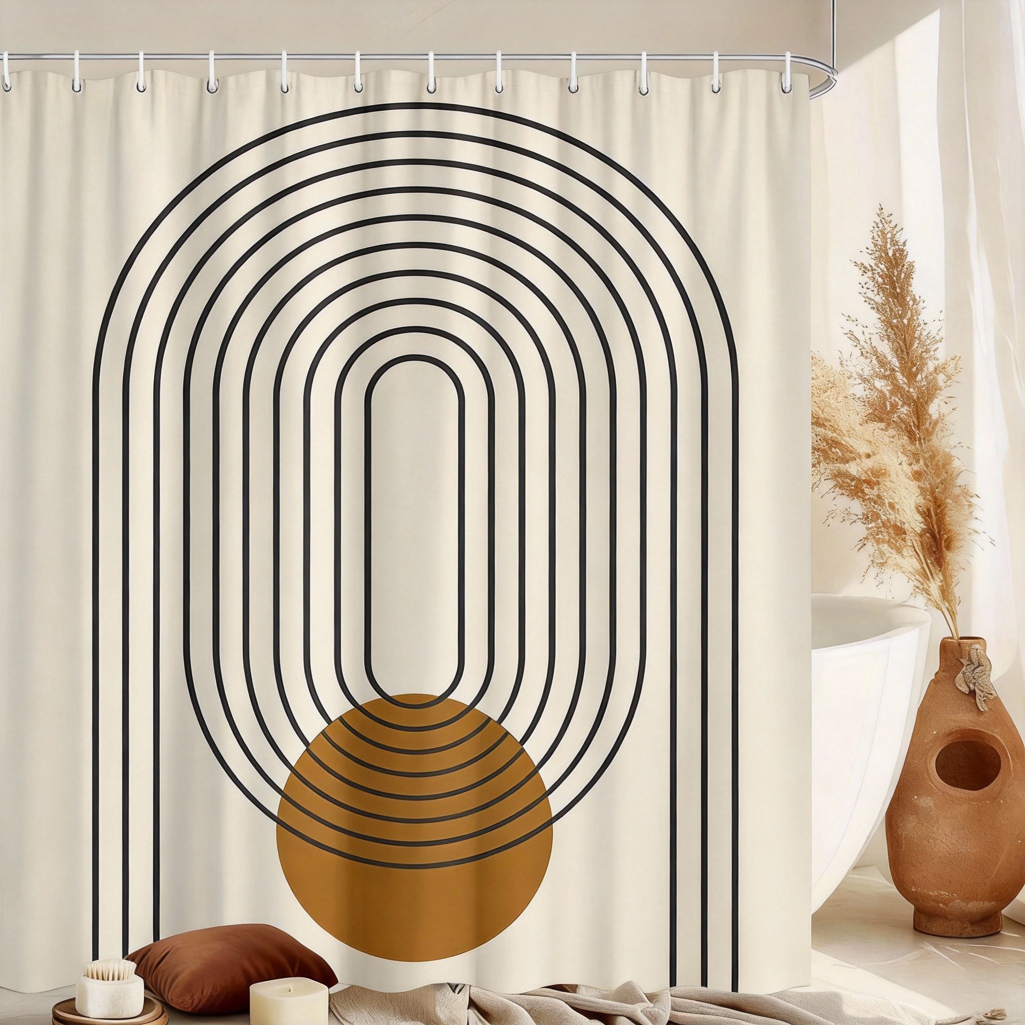 Mid-Century Modern Shower Curtain Geometric Lines And Brown Circles Print Polyester Bath Curtain With 12 Hooks For Retro Decor W60H190(CM)-1 Pcs
Mid-Century Modern Shower Curtain Geometric Lines And Brown Circles Print Polyester Bath Curtain With 12 Hooks For Retro Decor W60H190(CM)-1 Pcs