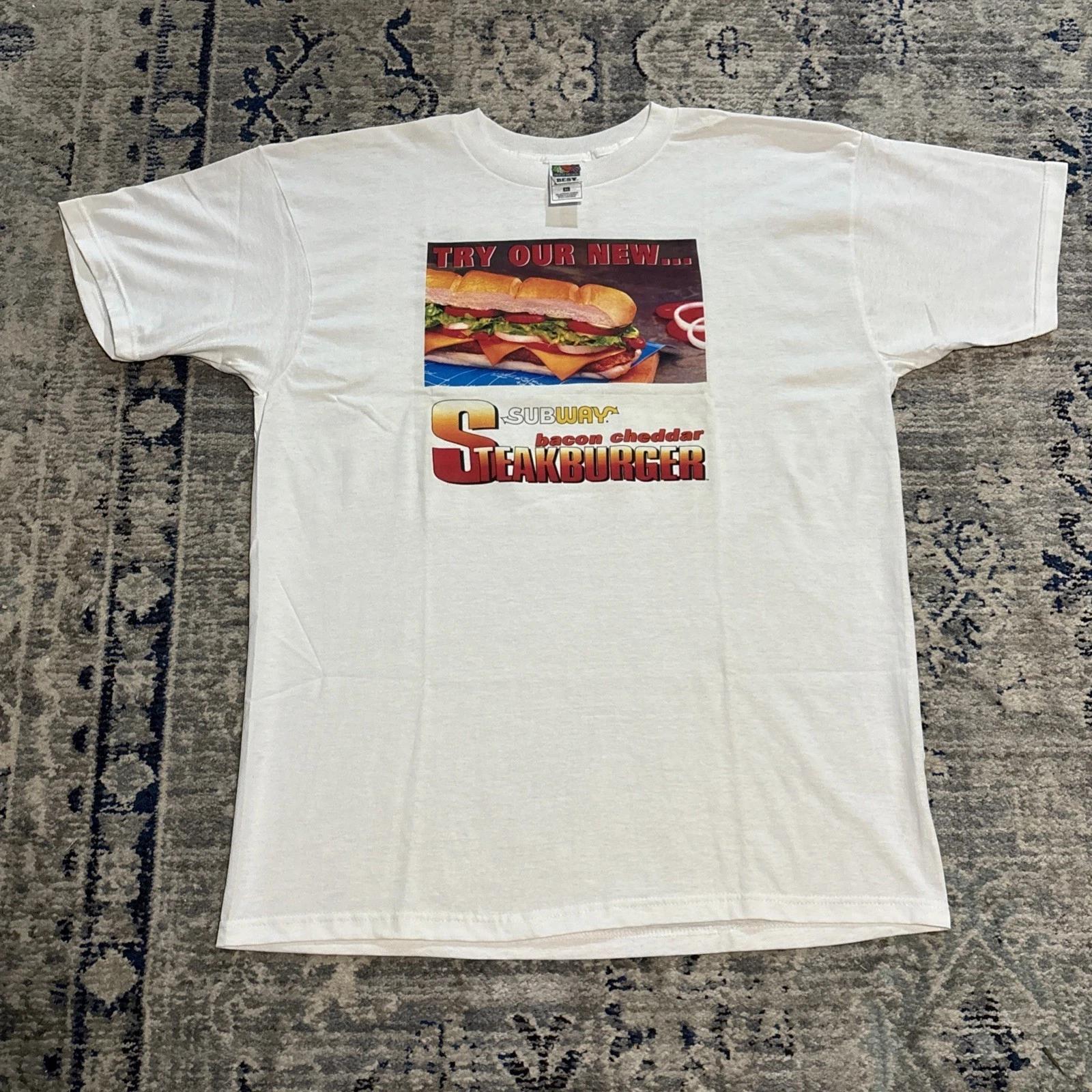 Vintage Subway Promo T Shirt Men s Size XL White Bacon Cheddar Steakburger 90 s S
Vintage Subway Promo T Shirt Men s Size XL White Bacon Cheddar Steakburger 90 s S