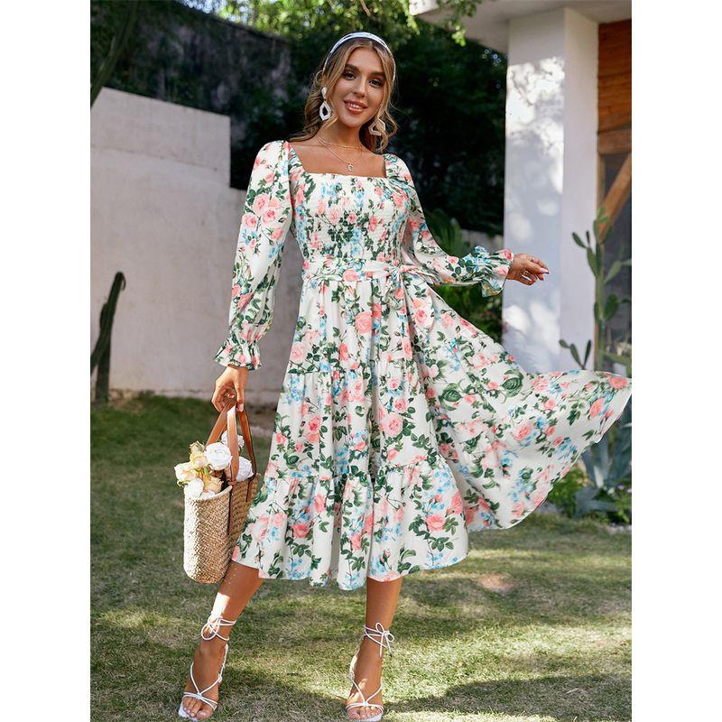 European and American Fashion Square Collar Long sleeve High Waist Floral Dress Long dress Sexy Floral Midi Dress Rose L
European and American Fashion Square Collar Long sleeve High Waist Floral Dress Long dress Sexy Floral Midi Dress Rose L