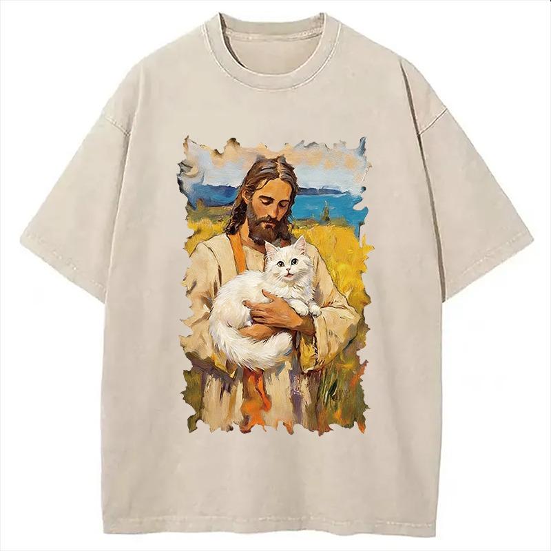 Men s Korean T-Shirt Casual Loose Short Sleeve Jesus Holding White Cat Washed Tees Vintage Pure Cotton Chic Tunics Unisex S
Men s Korean T-Shirt Casual Loose Short Sleeve Jesus Holding White Cat Washed Tees Vintage Pure Cotton Chic Tunics Unisex S