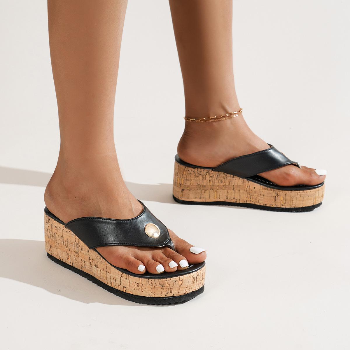 2025 лето новый Amazon wish зарубежная торговля большой размер пятно наклонный каблук шлепанцы маффин толстая подошва тапочки женские 35 чёрный