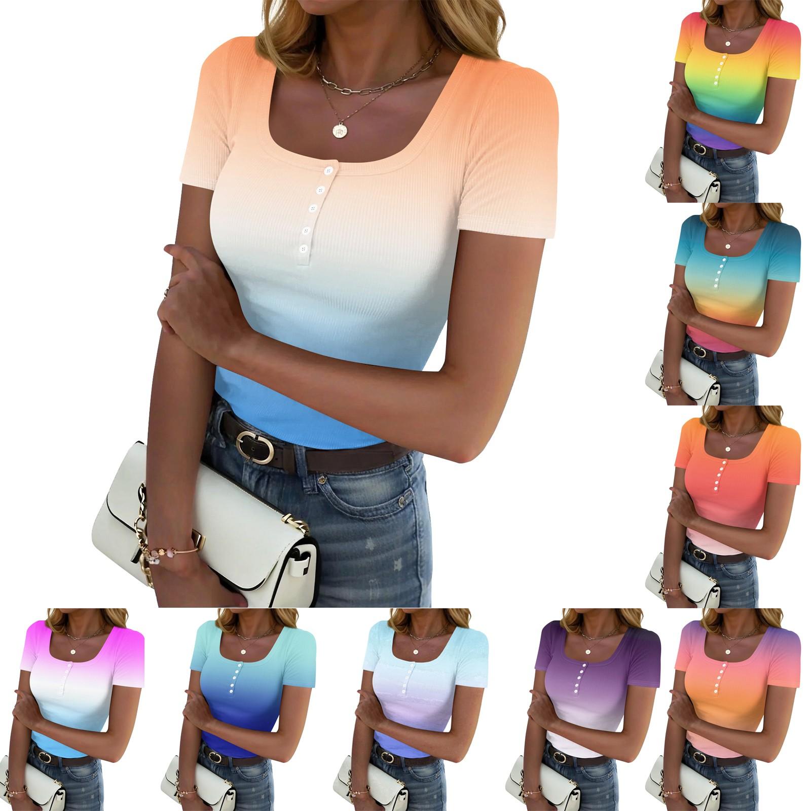 Women s Summer Fashion Tops Short Sleeve Square Neck Button Fashion Casual Gradient Color Ribbed Knit Shirt M
Women s Summer Fashion Tops Short Sleeve Square Neck Button Fashion Casual Gradient Color Ribbed Knit Shirt M