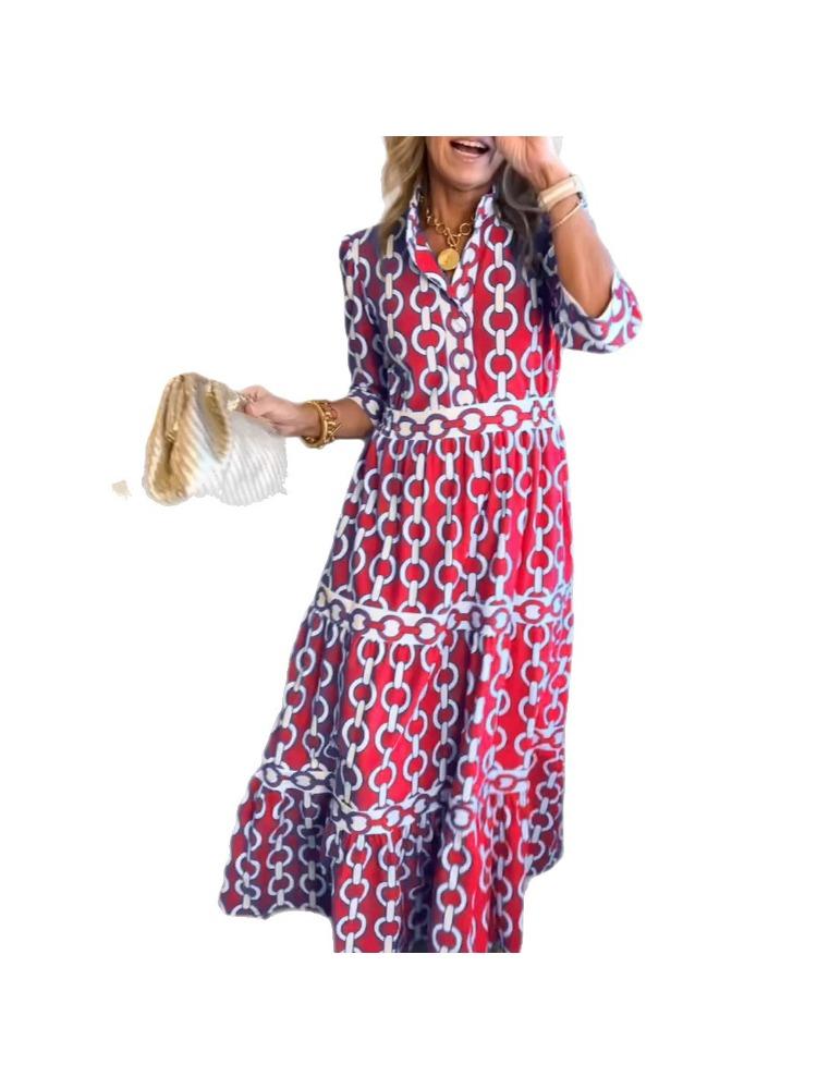 Lapel Collar 3/4 Sleeve Chain Print Tiered Hem Maxi Dress in Multi Colors 5XL червоний
Lapel Collar 3/4 Sleeve Chain Print Tiered Hem Maxi Dress in Multi Colors 5XL червоний