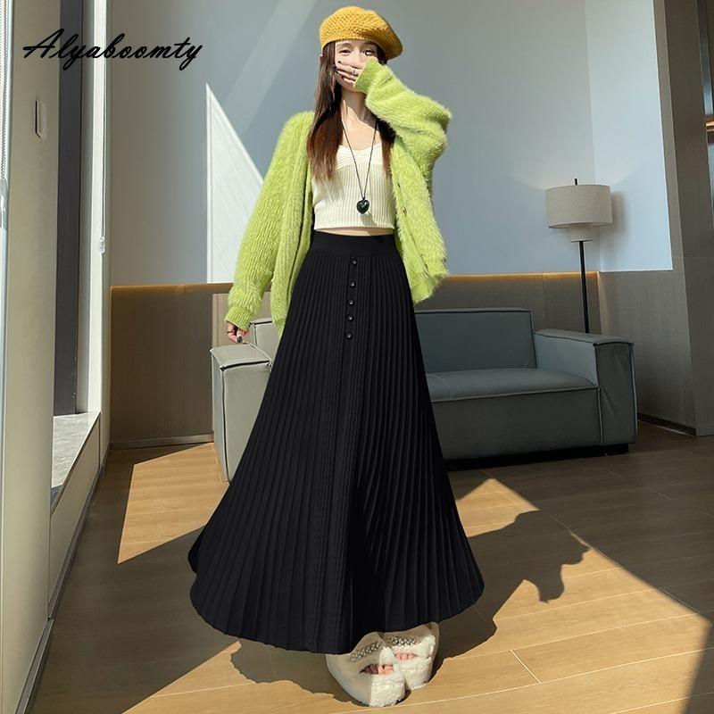 Корейский стиль Осень Зима Женская юбка миди с высокой талией Бежевая Черная Вязаная Плиссированная юбка Элегантная Вязаная Теплая Толстая юбка Женская One Size чёрный