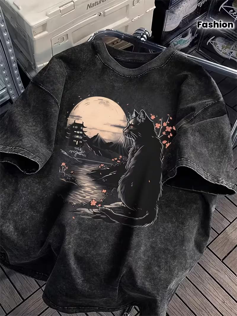 Japanese Style Moon Cat Graphic TShirt Vintage Washed Oversized Crew Neck Short Sleeve Tee Unisex Neutral Streetwear Top S
Japanese Style Moon Cat Graphic TShirt Vintage Washed Oversized Crew Neck Short Sleeve Tee Unisex Neutral Streetwear Top S