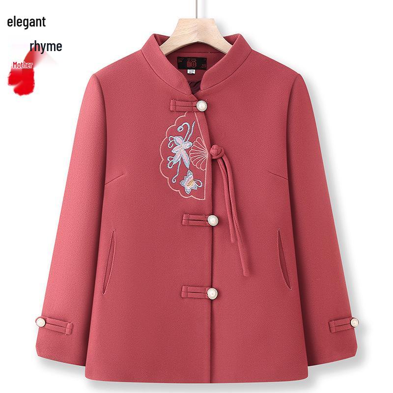 Элегантное вышитое шерстяное пальто для женщин среднего и пожилого возраста – Весенне-осенняя мода XL (80-105 jin) арбуз красный