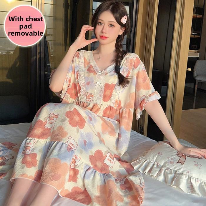 Женская летняя ночная рубашка из хлопка-пузырька: Милый, с накладкой на грудь, короткие рукава, длина от средней до длинной, доступны размеры больших размеров. Floral Bear