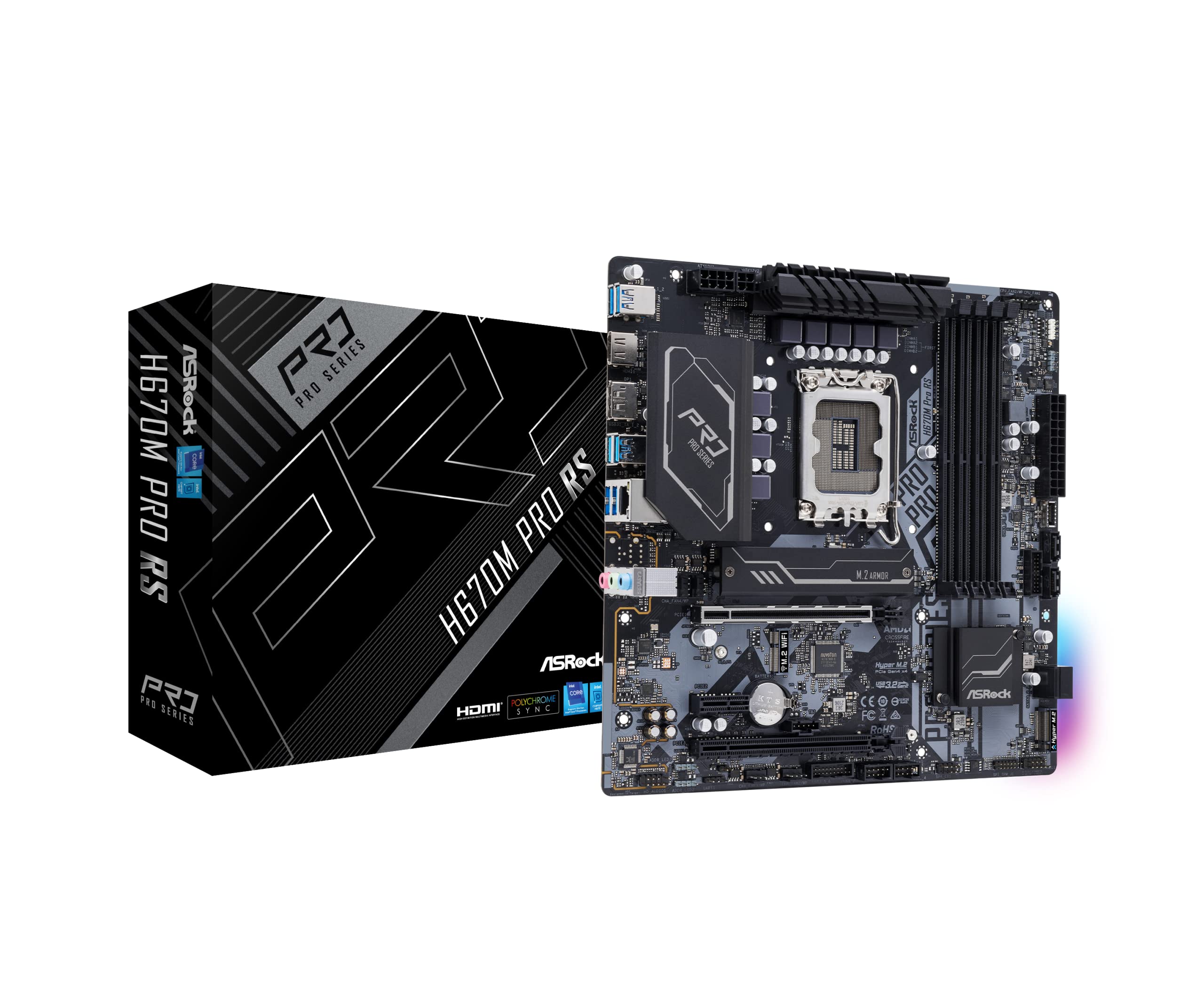 Материнська плата ASRock H670M Pro RS Серія Intel H670 12-го покоління, сумісна з процесором H670 MicroATX, авторизований дистриб’ютор (LGA1700) [Вітчизняний чорний
Материнська плата ASRock H670M Pro RS Серія Intel H670 12-го покоління, сумісна з процесором H670 MicroATX, авторизований дистриб’ютор (LGA1700) [Вітчизняний чорний