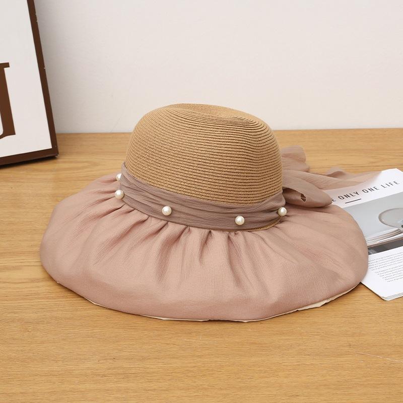 Summer Wide Brim Sun Hat Women Ruffled Chiffon Brim Pearl Embellished Sun Protection Seaside Beach Hat 56-58cm
Summer Wide Brim Sun Hat Women Ruffled Chiffon Brim Pearl Embellished Sun Protection Seaside Beach Hat 56-58cm