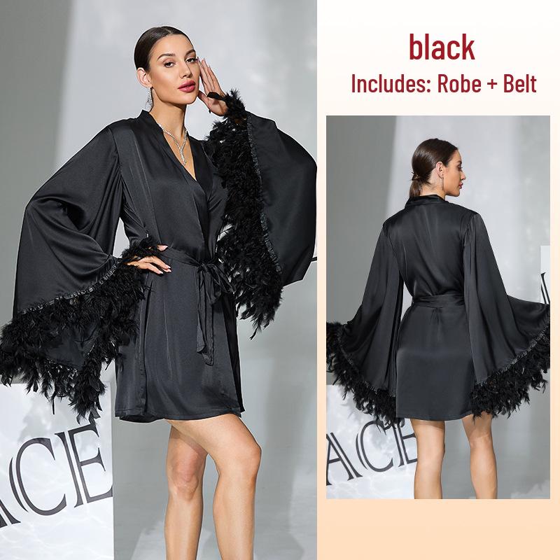 Black Satin Bell Sleeve Short Robe with Feather Cuffs - Women s Light Luxury Party Loungewear Medium чёрный
Black Satin Bell Sleeve Short Robe with Feather Cuffs - Women s Light Luxury Party Loungewear Medium чёрный