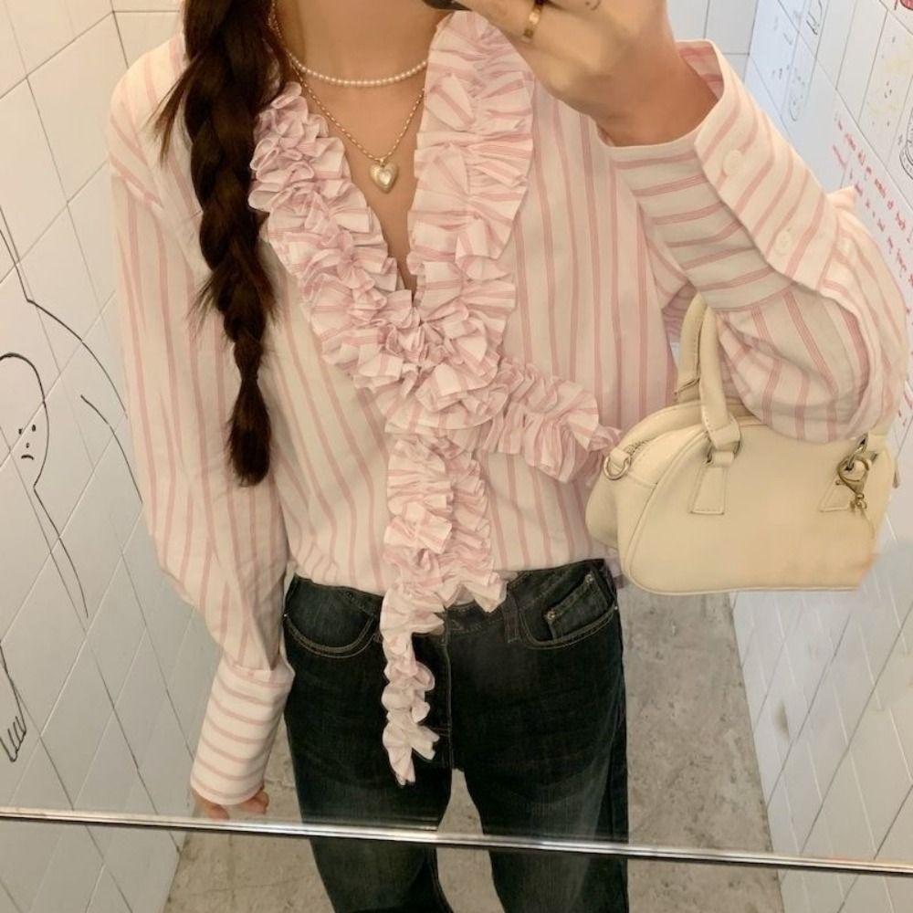 Sweet Pink Stripe Blouse Tassel Long Sleeve Shirts Comfortable Deep V Flouce Shirt Office S рожевий/білий
Sweet Pink Stripe Blouse Tassel Long Sleeve Shirts Comfortable Deep V Flouce Shirt Office S рожевий/білий