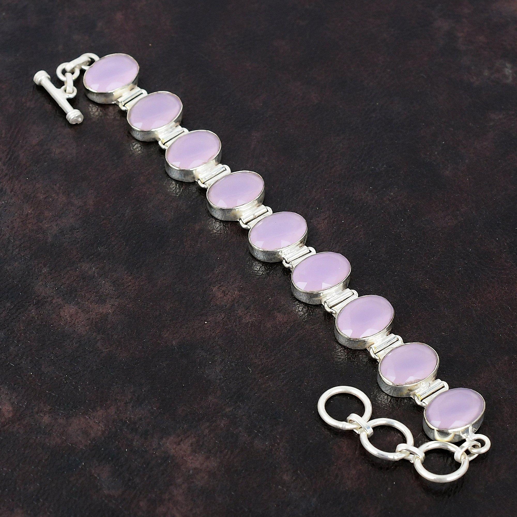 Граненый браслет из розового халцедона Браслет из настоящего драгоценного камня Браслет из стерлингового серебра 925 пробы Регулируемый браслет-цепочка Ювелирные изделия ручной работы Подарок для нее Adjustable