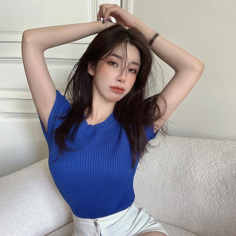 Женские топы, однотонные, с короткими рукавами, тонкая трикотажная базовая рубашка, повседневная 
Женские топы, однотонные, с короткими рукавами, тонкая трикотажная базовая рубашка, повседневная