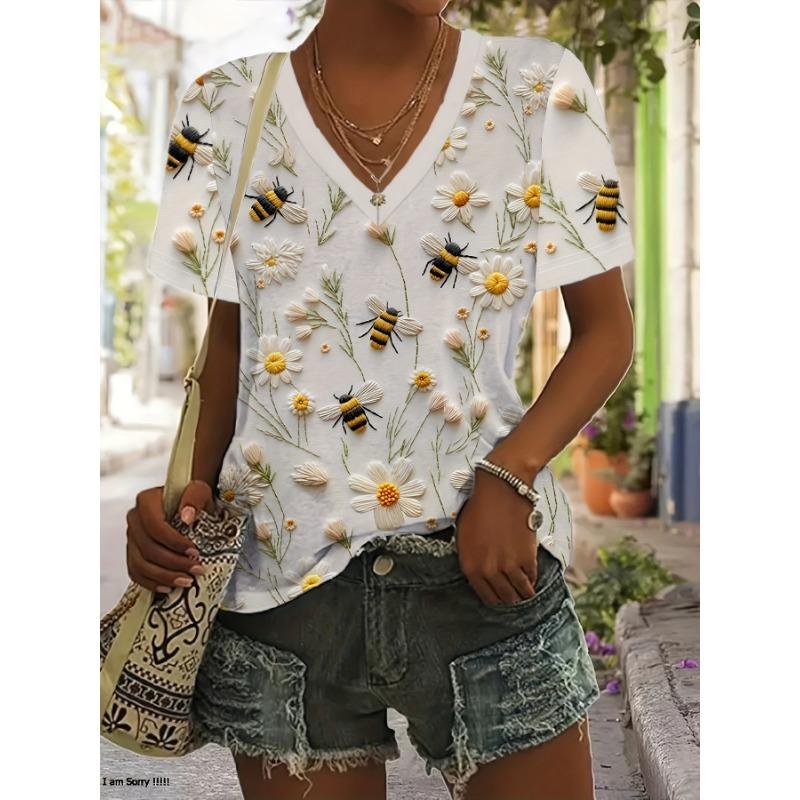 Women s V-Neck Short Sleeve T-Shirt Bee Floral Embroidered Print - Soft Polyester Casual Summer Top S
Women s V-Neck Short Sleeve T-Shirt Bee Floral Embroidered Print - Soft Polyester Casual Summer Top S