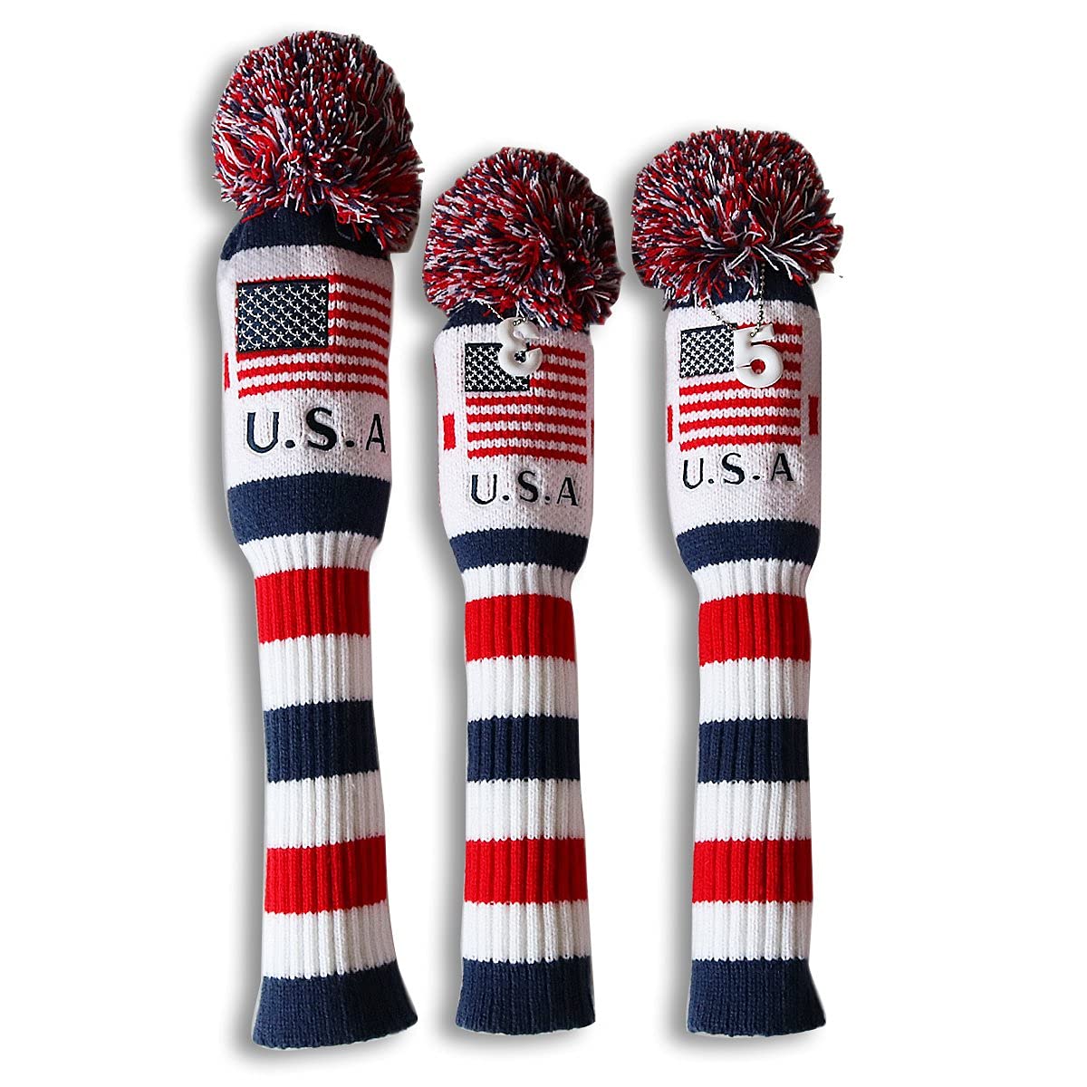 Golf head cover knit diamond series with cute number pendant set 3-piece (USA flag)
Golf head cover knit diamond series with cute number pendant set 3-piece (USA flag)