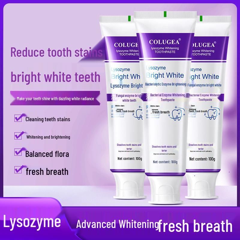 Lysozyme Brightening Toothpaste: Whitens Yellow Teeth, Freshens Breath, Removes Stains, Color Repair, Contains Fluoride.
Lysozyme Brightening Toothpaste: Whitens Yellow Teeth, Freshens Breath, Removes Stains, Color Repair, Contains Fluoride.