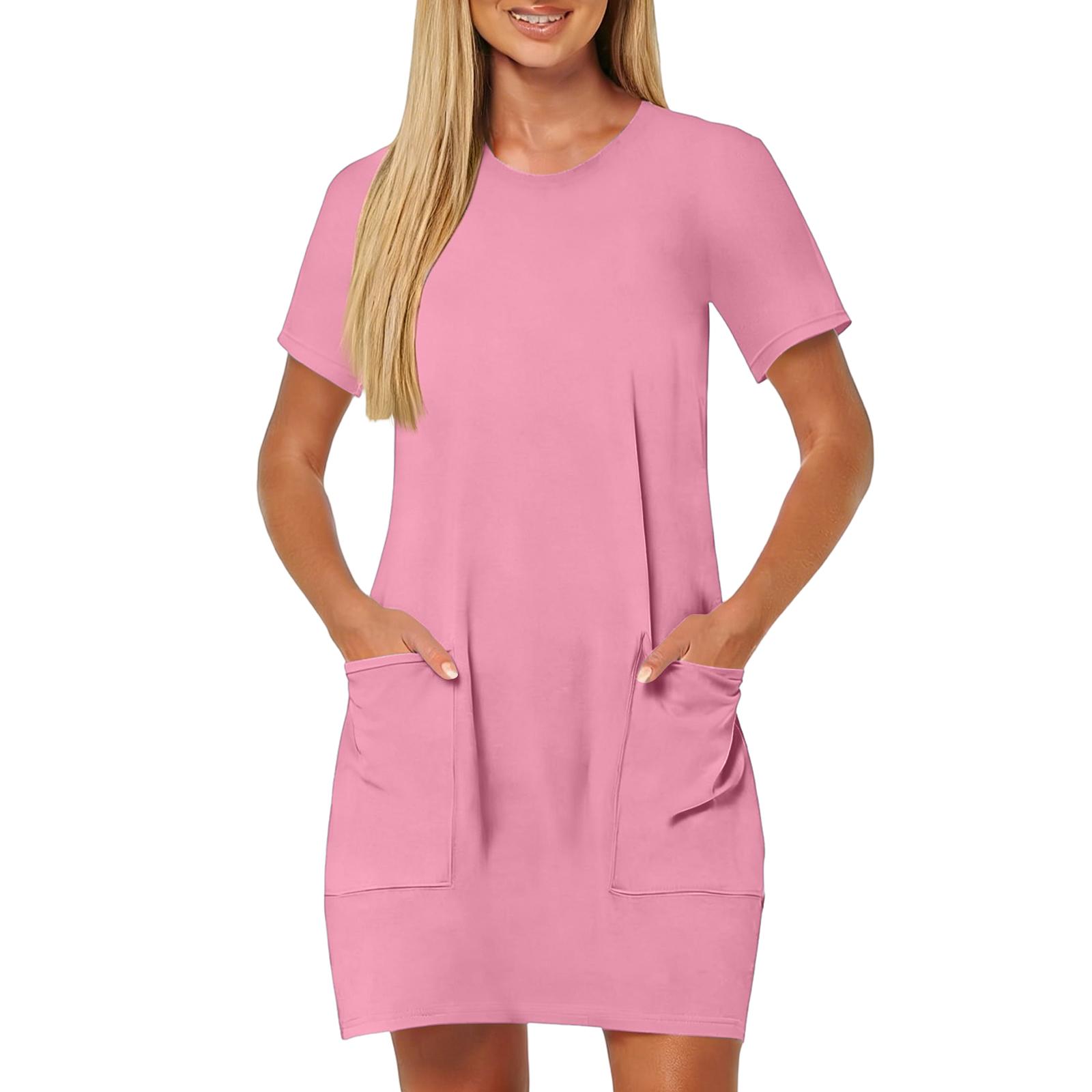 Ladies Casual Color Short Sleeved Round Neck Pocket Dress M рожевий
Ladies Casual Color Short Sleeved Round Neck Pocket Dress M рожевий