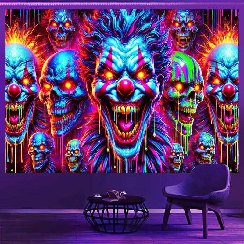 2D Blacklight Evil Clown Backdrop with Glowing Skulls Halloween Party Decor 47.2x31.5inch/120*80cm
2D Blacklight Evil Clown Backdrop with Glowing Skulls Halloween Party Decor 47.2x31.5inch/120*80cm