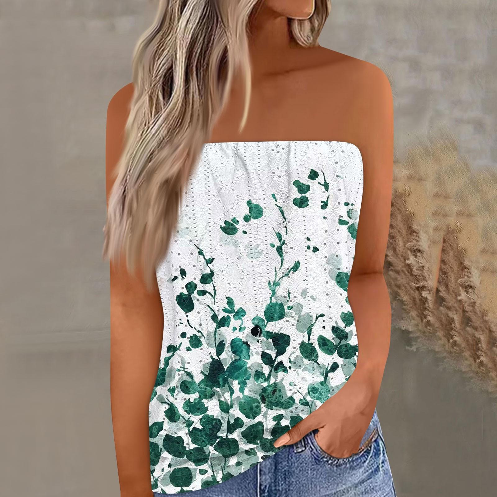 Женская мода без бретелек, повседневные летние свободные ажурные топы с цветочным принтом S зелёный