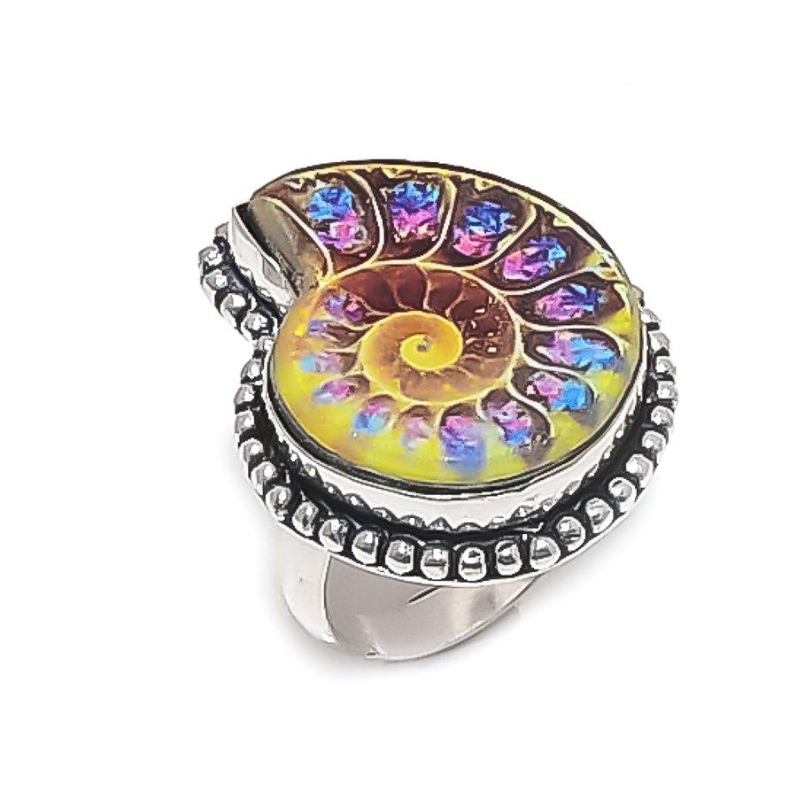 Natural Ammonite Fossil Gemstone 925 Sterling Silver Jewelry Ring Size 9 ETC-13435
Natural Ammonite Fossil Gemstone 925 Sterling Silver Jewelry Ring Size 9 ETC-13435