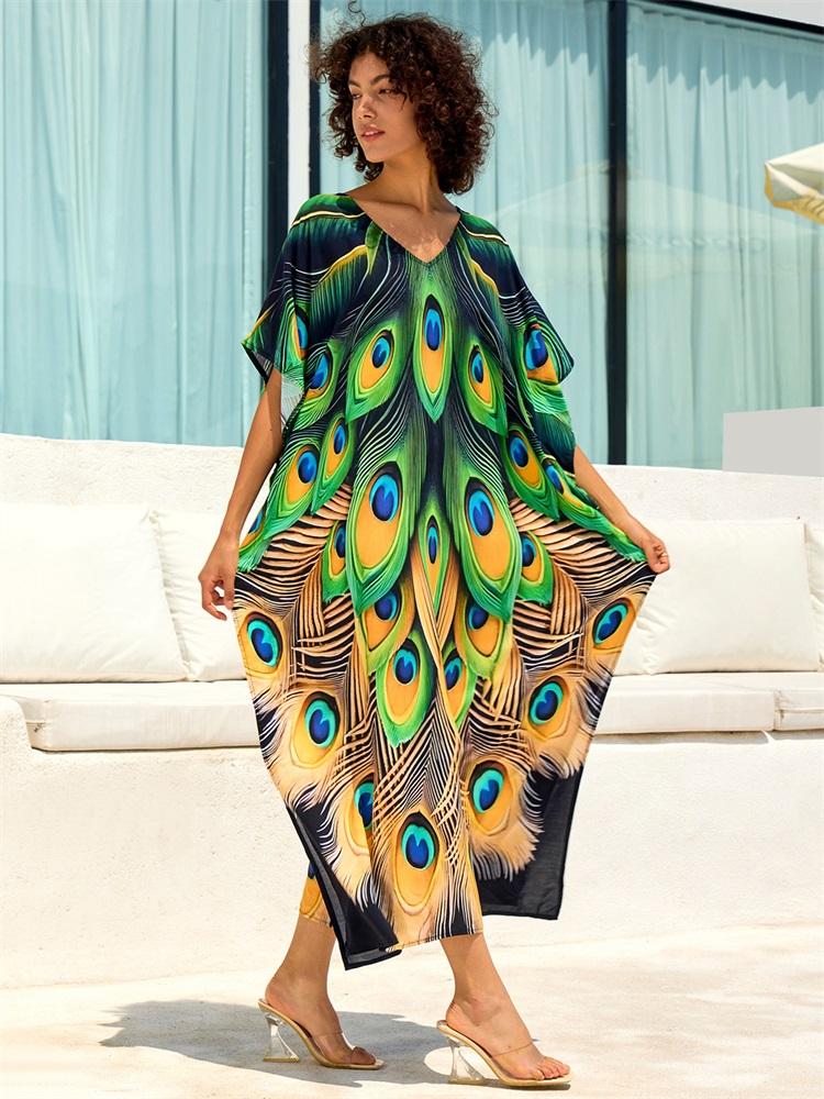 EDOLYNSA Женский кафтан большого размера с принтом в стиле бохо, зеленый свободный халат 2024 года, летняя праздничная одежда для отдыха, пляжное платье, купальник, накидка Q1674 One Size зелёный
