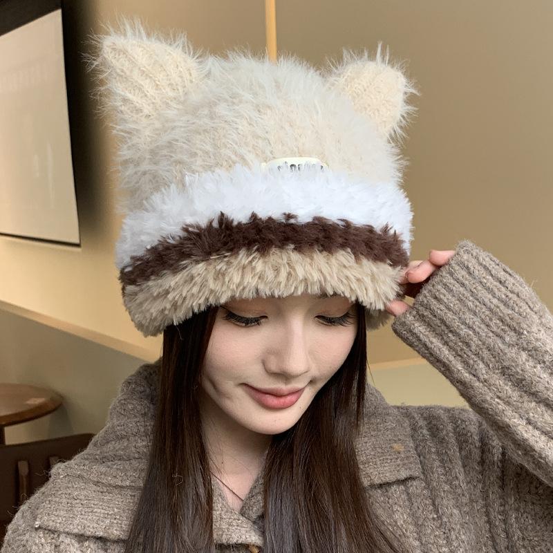 Осенне-зимняя новая контрастная цветная плюшевая шапка женская теплая защитная шапка с милыми кошачьими ушками вязаная утолщенная шапка-тазик 52-56cm