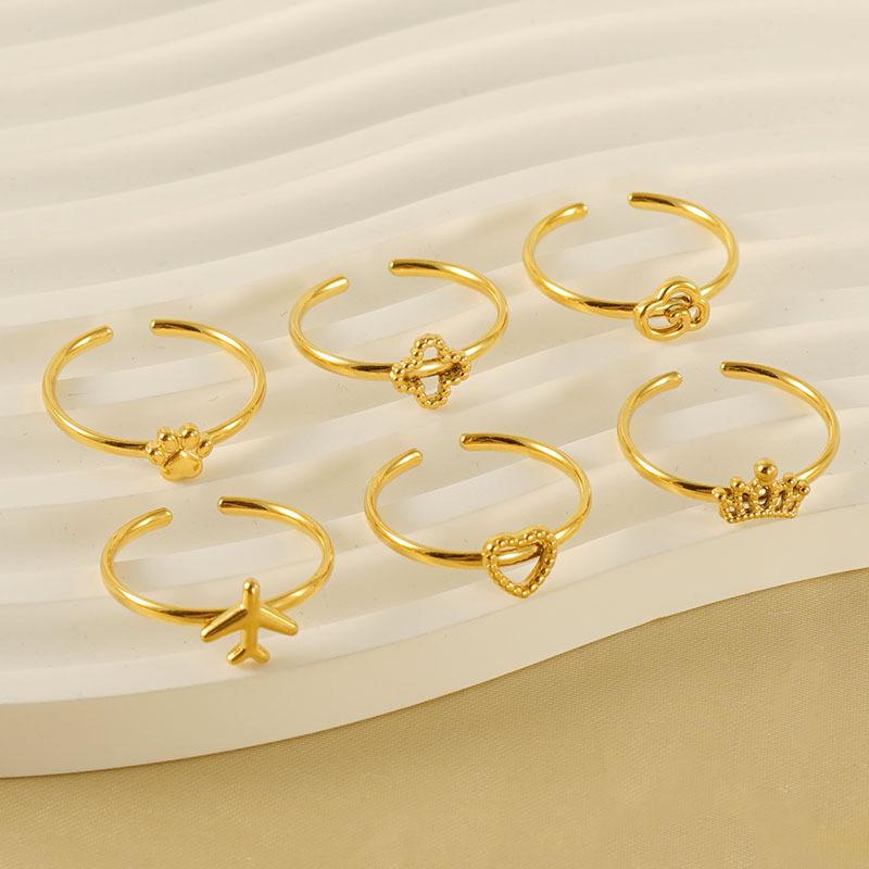 18k Gold Plated Adjustable Stainless Steel Ring with Cat Paw, Cloud, Heart, Crown, and Four-Leaf Clover Designs Open Adjustable
18k Gold Plated Adjustable Stainless Steel Ring with Cat Paw, Cloud, Heart, Crown, and Four-Leaf Clover Designs Open Adjustable