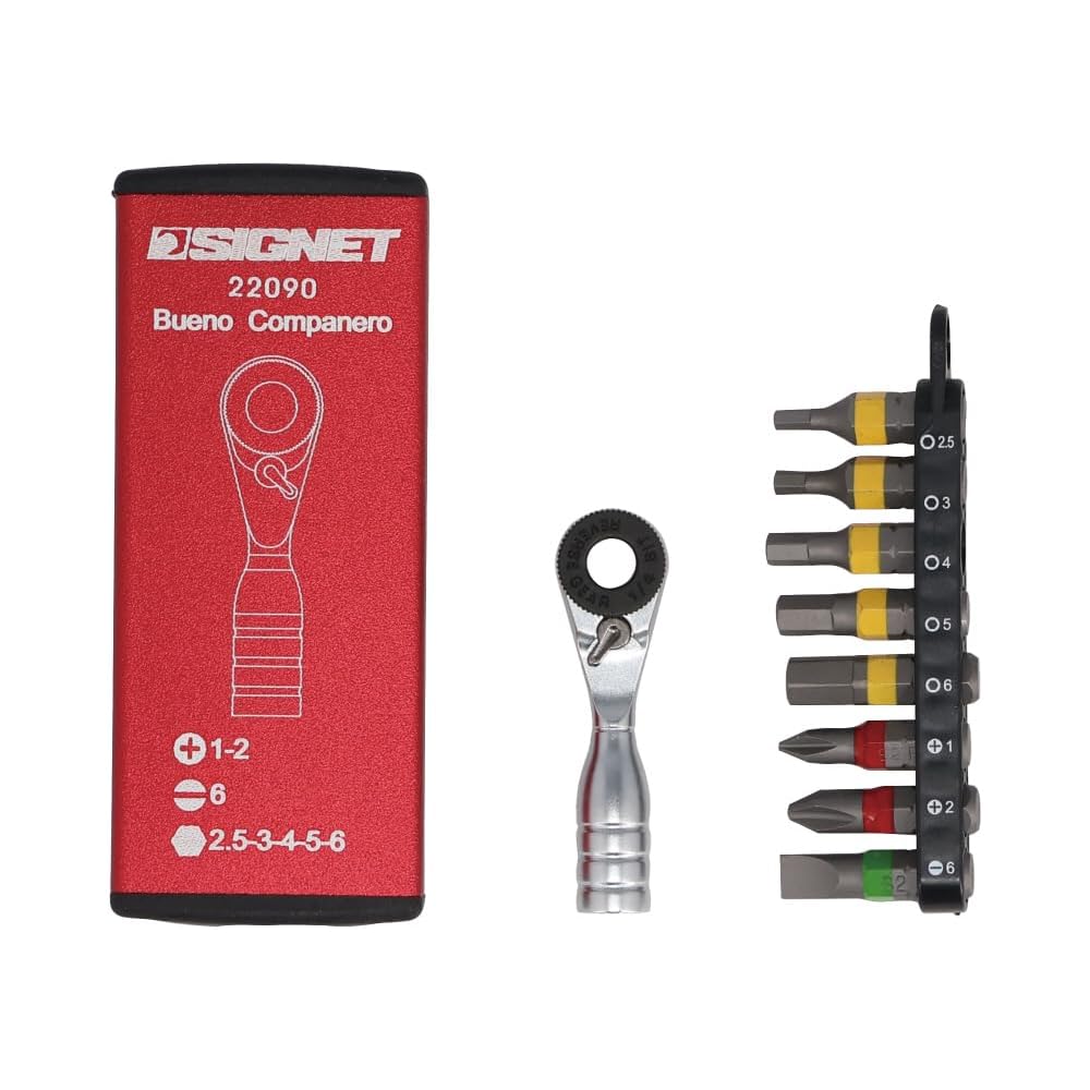 SIGNET Ultra Short Mini Ratchet Set, 52 Gears, 52mm Overall Length, Includes 8 Bits, Red, 22090
SIGNET Ultra Short Mini Ratchet Set, 52 Gears, 52mm Overall Length, Includes 8 Bits, Red, 22090