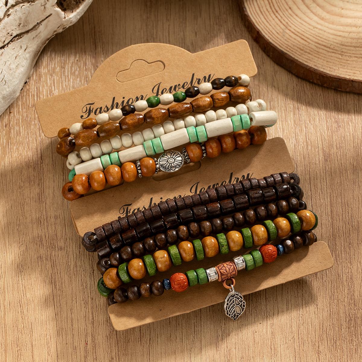 10 piece set of retro fashion alloy leaf pendant, colorful wooden beads, multiple layered neutral men s and women s bracelets
10 piece set of retro fashion alloy leaf pendant, colorful wooden beads, multiple layered neutral men s and women s bracelets