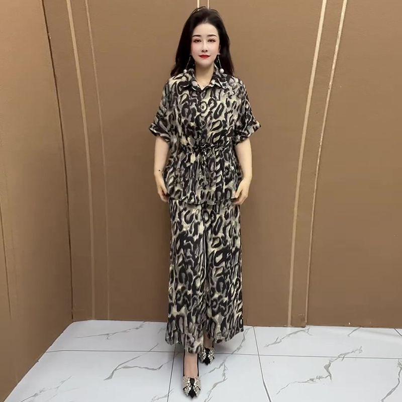 Шикарный летний модный набор: Топ с рукавом до локтя и брюки палаццо с леопардовым принтом для мам XL for 110-125 jin