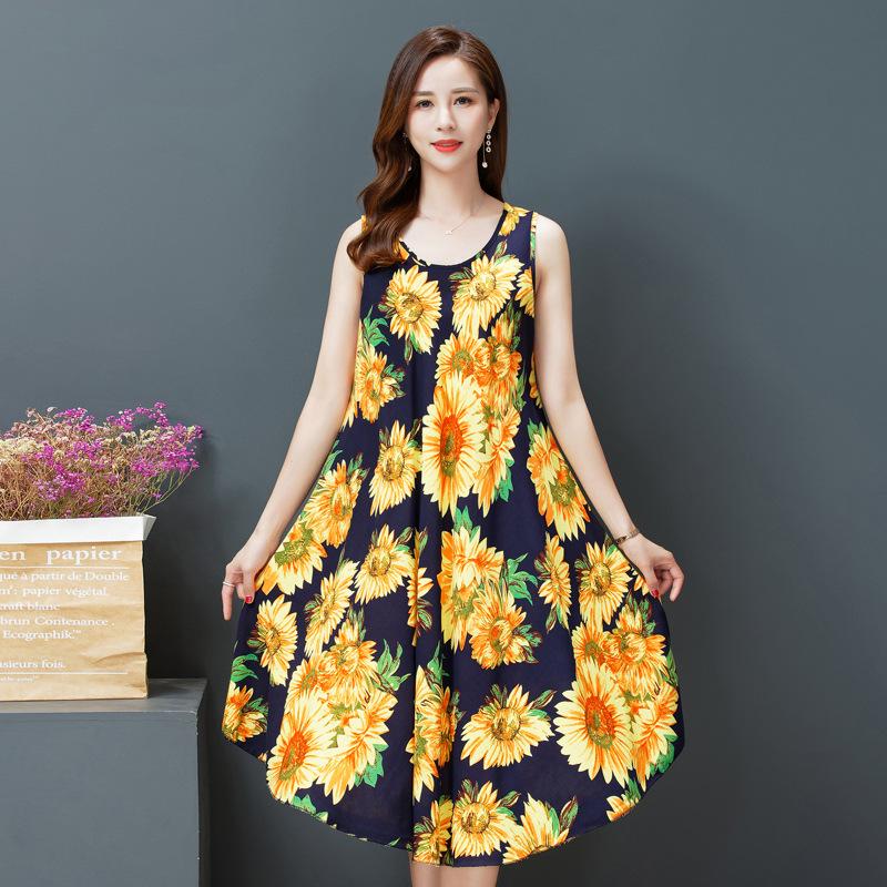 Хлопково-льняное платье А-силуэта без рукавов в этническом стиле больших размеров - Летнее платье-жилет с ретро-принтом для женщин One Size