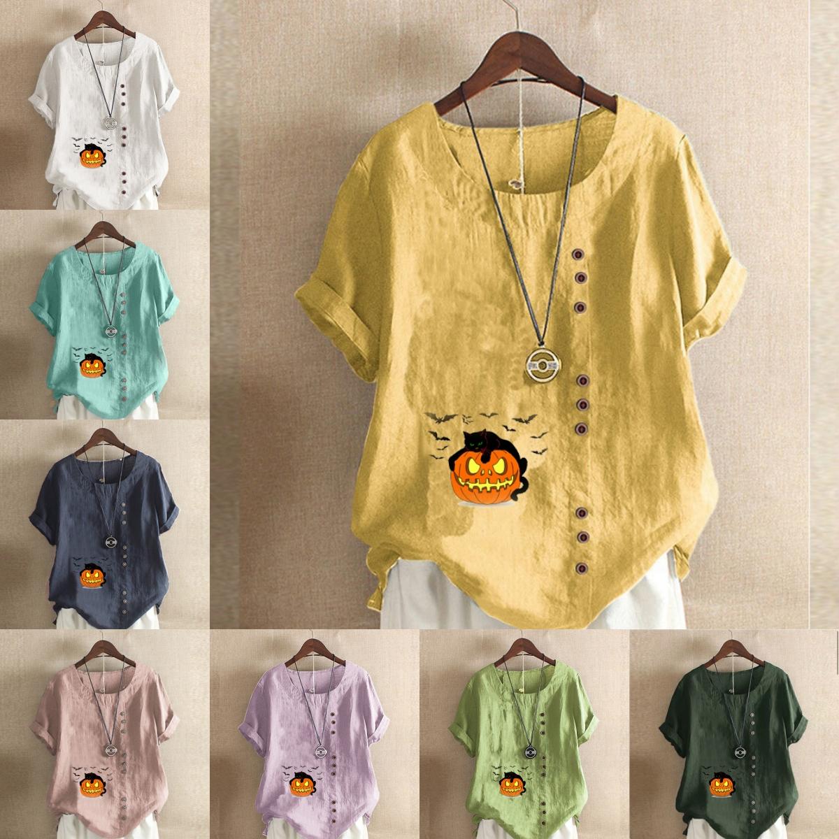 Women s Fashion Round Neck Short Sleeve T-shirt Casual Cotton Linen Graphic Shirt Leisure Loosepumpkin Lantern Prined Summer Blouse Tops
Women s Fashion Round Neck Short Sleeve T-shirt Casual Cotton Linen Graphic Shirt Leisure Loosepumpkin Lantern Prined Summer Blouse Tops