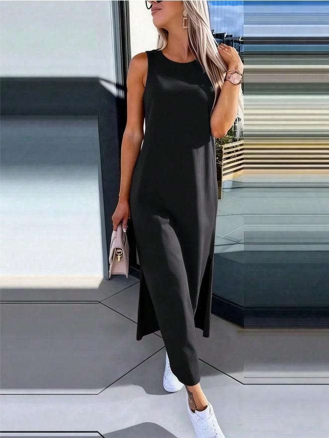 European and American casual sleeveless women s long dress round neck solid color long dress S чёрный
European and American casual sleeveless women s long dress round neck solid color long dress S чёрный